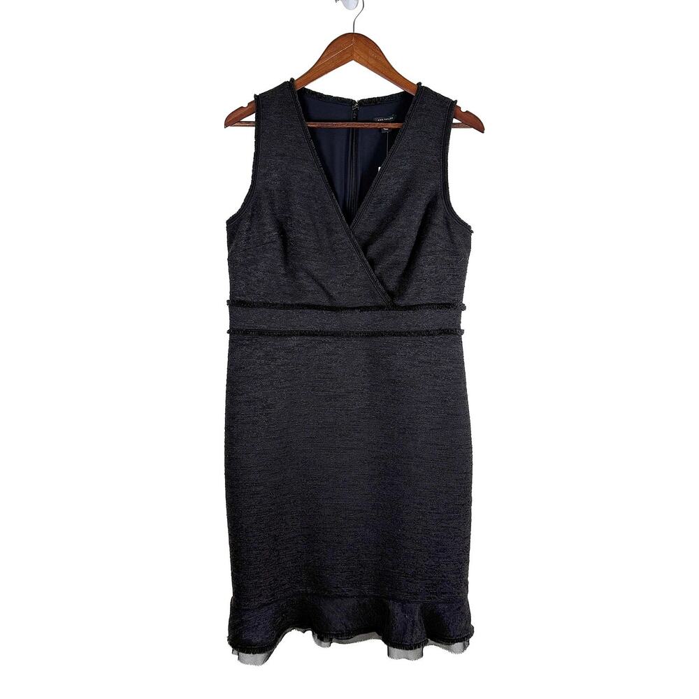 Ann Taylor NWT Tweed Sheath Dress Women 10 Black Faux Wrap Career Office Ruffle